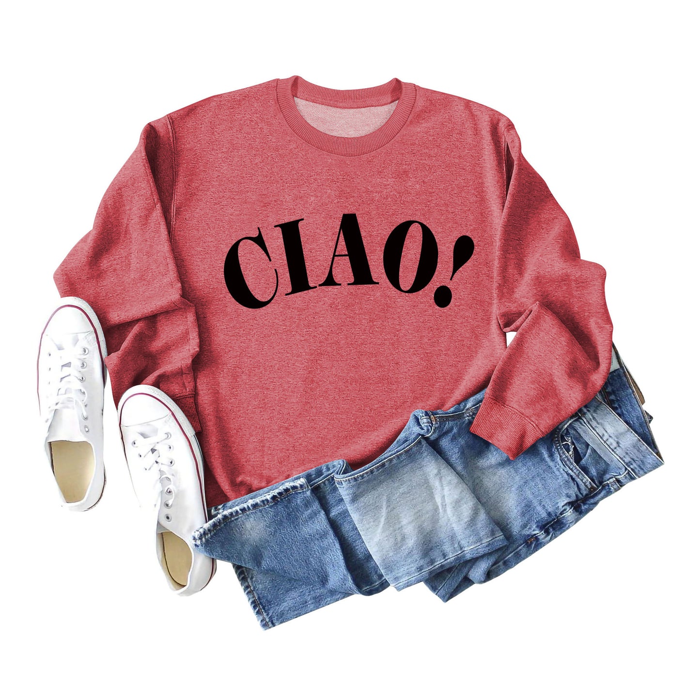 レディースシンプルレターラウンドネックプルオーバー ゆったりボトムシャツ