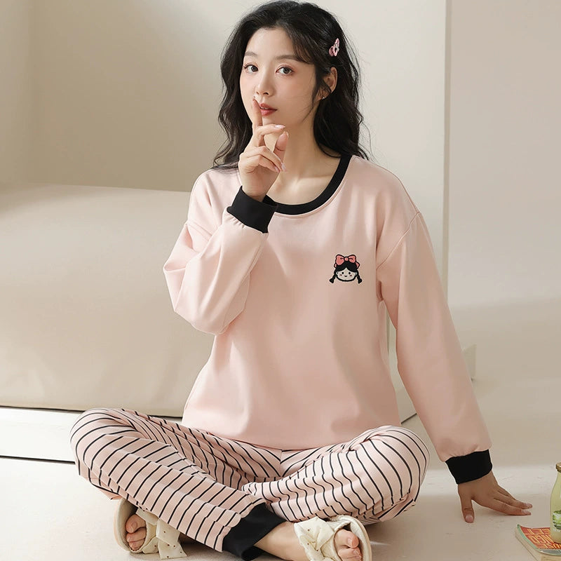 パジャマ レディース 2025 春 コットン ラウンドネック シンプル 若い女の子 学生 秋冬 快適 コットン 長袖 ホームウェア スーツ