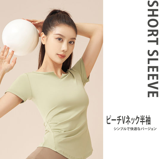 Vネックヨガ半袖ヌード速乾フィットネスプリーツ スポーツトップス(ランニング用女性用)