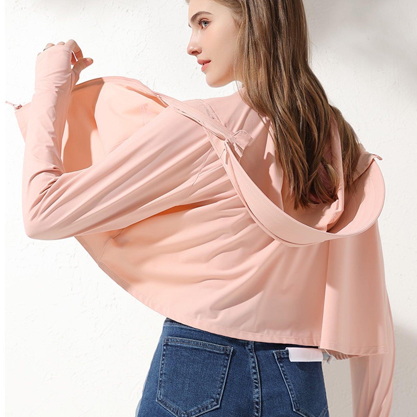 夏の女性用日焼け止め服、通気性、紫外線防止の薄い オリジナル糸のアイスシルク日焼け止め服、おしゃれなフード付きマスク