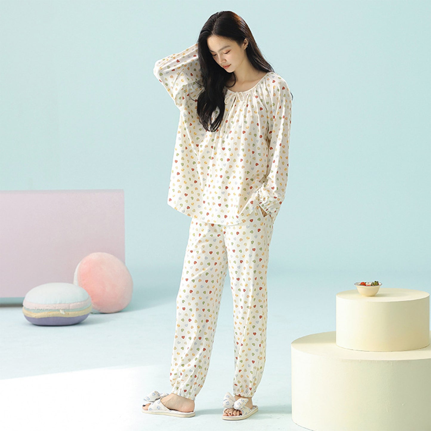 抗菌新疆綿]春の新作パジャマ女性用、純綿長袖、韓国風 ホームウェアスーツ