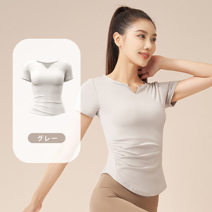 Vネックヨガ半袖ヌード速乾フィットネスプリーツ スポーツトップス（ランニング用女性用）