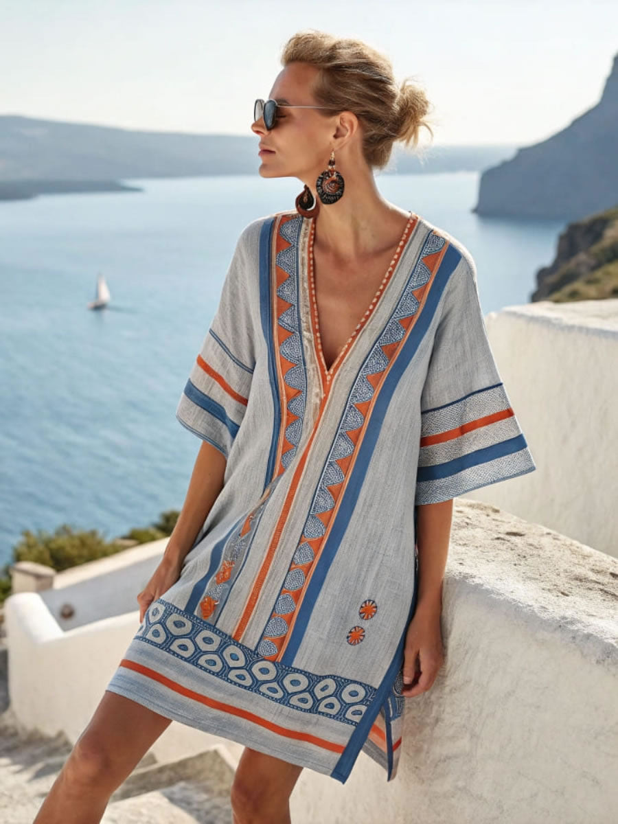 レディースVネックドレス、ビーチバケーションサンドスカート、3Dプリントのゆったりミドル丈ドレス