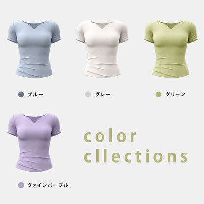 Vネックヨガ半袖ヌード速乾フィットネスプリーツ スポーツトップス（ランニング用女性用）