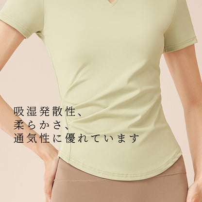 Vネックヨガ半袖ヌード速乾フィットネスプリーツ スポーツトップス（ランニング用女性用）
