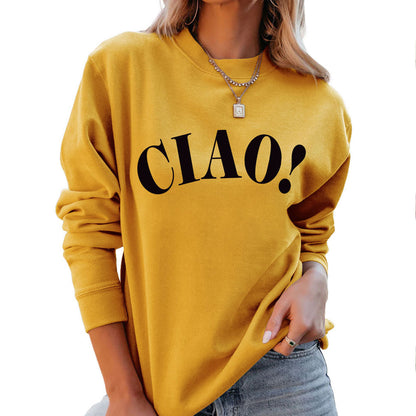 レディースシンプルレターラウンドネックプルオーバー ゆったりボトムシャツ