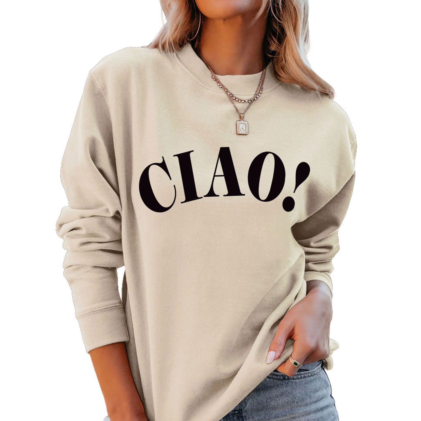 レディースシンプルレターラウンドネックプルオーバー ゆったりボトムシャツ