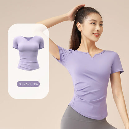 Vネックヨガ半袖ヌード速乾フィットネスプリーツ スポーツトップス（ランニング用女性用）