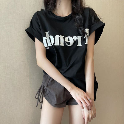 2025年新作ネットセレブインスーパーホットスリムドロップショルダースウィートクール半袖Tシャツゆったり女子夏学生トップストレンド