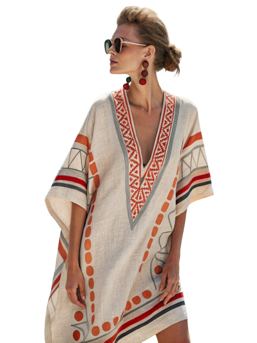 レディースVネックドレス、ビーチバケーションサンドスカート、3Dプリントのゆったりミドル丈ドレス