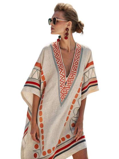 レディースVネックドレス、ビーチバケーションサンドスカート、3Dプリントのゆったりミドル丈ドレス